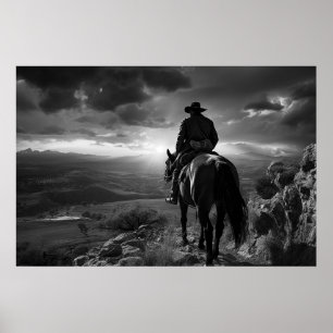 Poster Cowboy à cheval au coucher du soleil