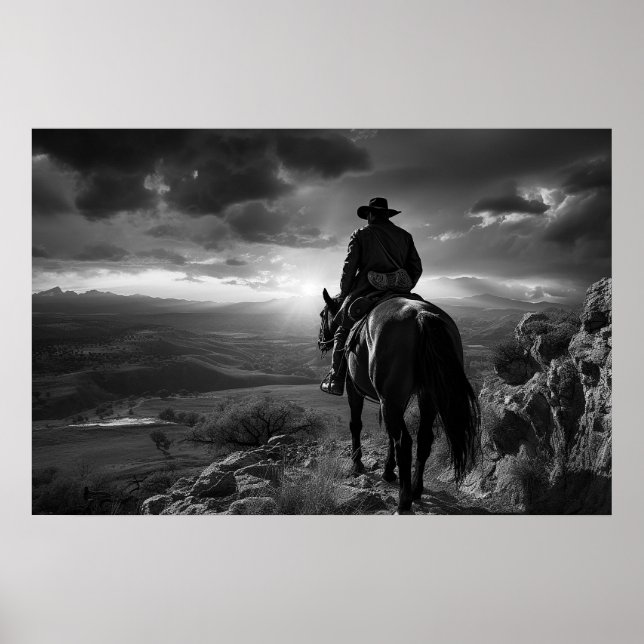 Poster Cowboy à cheval au coucher du soleil (Devant)