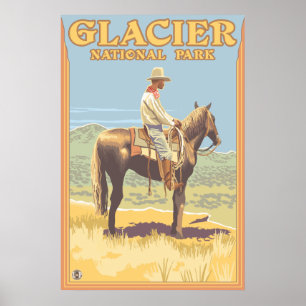 Poster Cowboy à cheval - Parc national des Glaciers, MT