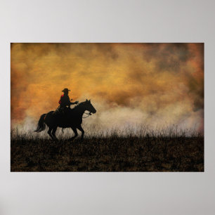 Poster Cowboy à cheval sur la ligne d'incendie d'un Prair