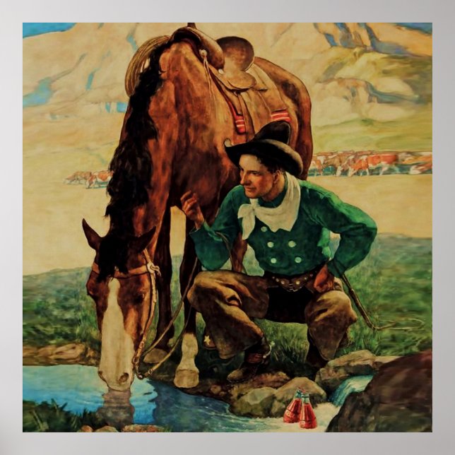 Poster Cowboy arroser son cheval par NC Wyeth (Devant)