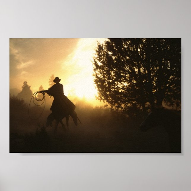 Poster Cowboy avec Lasso au coucher du soleil (Devant)