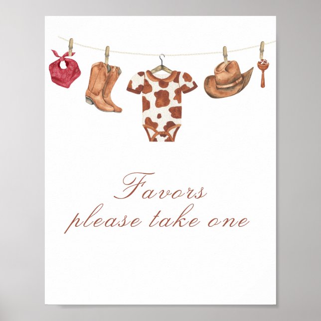 Poster Cowboy baby shower - favors, please take one (Devant)