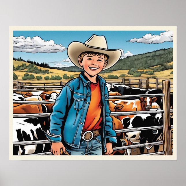 Poster Cowboy Cattle Rancher Boy's Bedroom Art graphique (Devant)