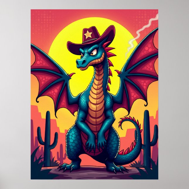 Poster Cowboy Dragon Showdown - Funny Pop Art Imaginaire (Devant)