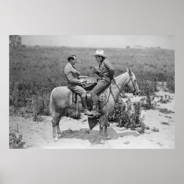 Poster Cowboy et homme d'affaires jouant aux dames à chev (Devant)