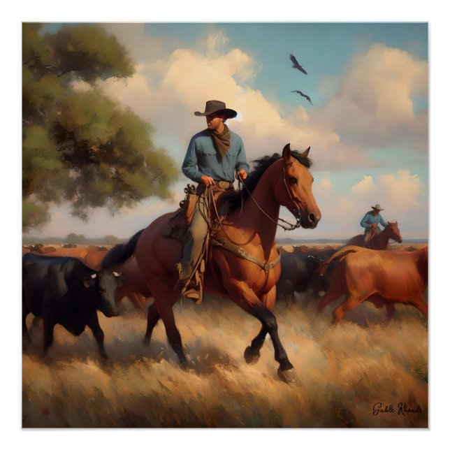 Poster Cowboy sur Bay Horse (Devant)