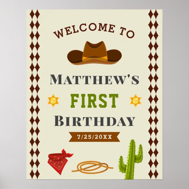 Poster Cowboy Western Saloon Baby Boy Birthday Welcome (Devant)