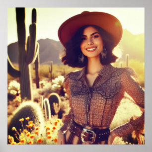 Poster Cowgirl brune en chapeau de cowboy dans le désert