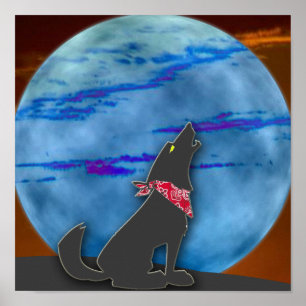 POSTER COYOTE HOWLING À LA LUNE BLEUE