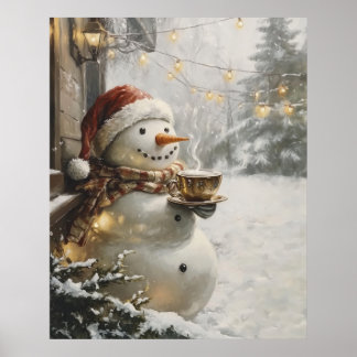 Poster Cozy Snowman with Coffee Christmas Wall Art 