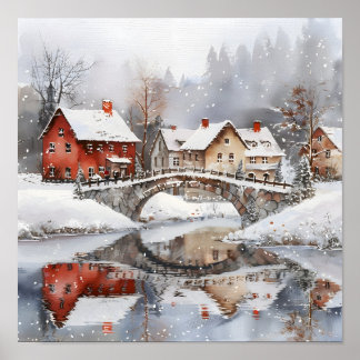 Poster Cozy Winter Village Bridge Watercolor Christmas