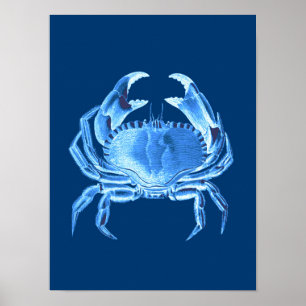 Poster Crab Sea Life Imprimer, Indigo Bleu et Blanc Poste