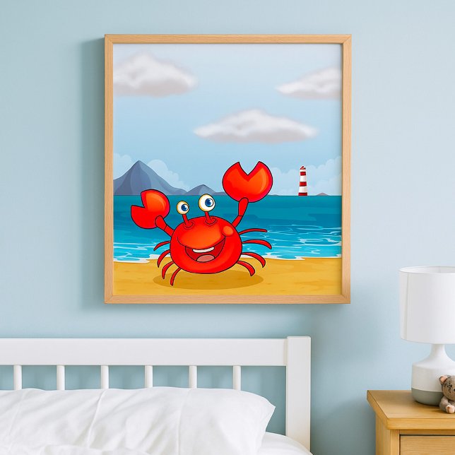 Poster Crabe heureux sur la plage avec phare (Créateur téléchargé)