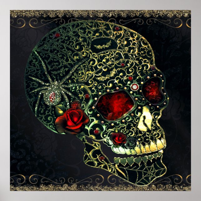 Poster Crâne à bijoux et Roses glam Gothique Filigree (Devant)