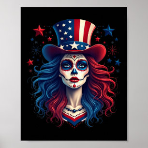 Poster Crâne à sucre 4 juillet Drapeau américain Squelett