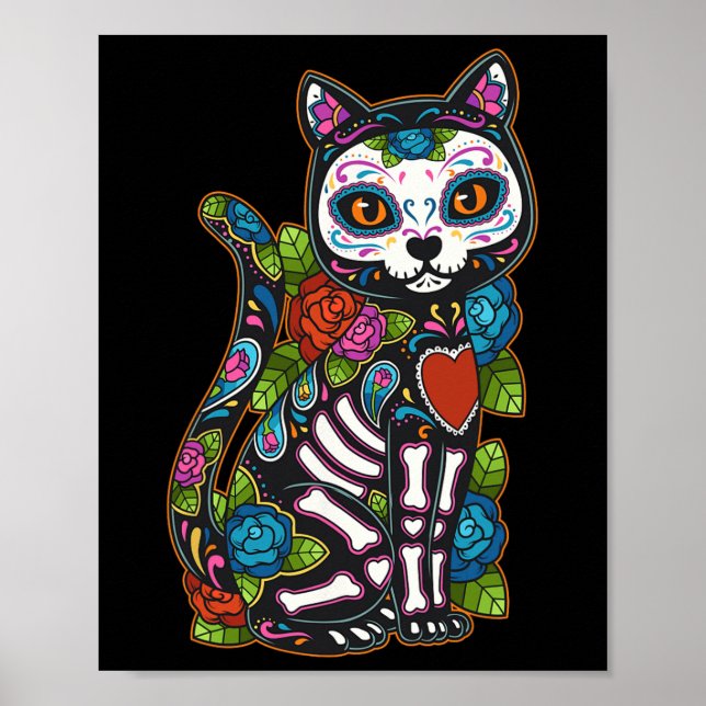 Poster Crâne à sucre de chat Mexique Calavera Dia De Los  (Devant)