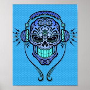 Poster Crâne à sucre DJ bleu