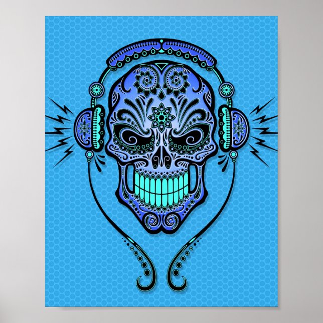 Poster Crâne à sucre DJ bleu (Devant)