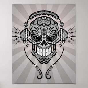 Poster Crâne à sucre DJ gris avec rayons de lumière