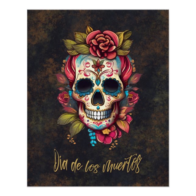 Poster Crâne à sucre floral Día de los Muertos espagnol (Devant)