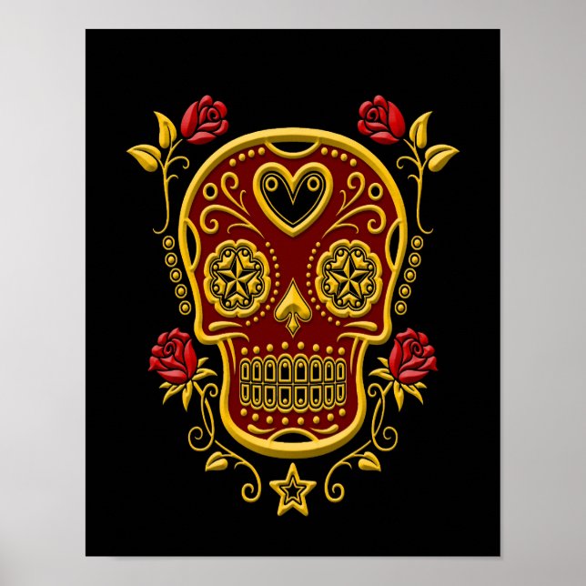 Poster Crâne à sucre rouge et jaune avec Roses sur noir (Devant)