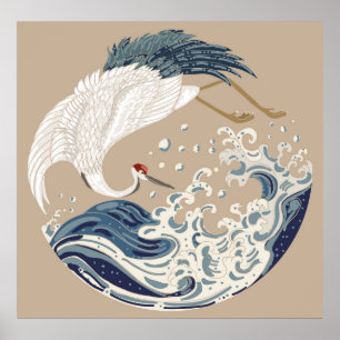 Poster Crane and Japanese wave illustration. Traditional 