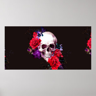 Poster Crâne aux branches de fleurs foncées et roses roug