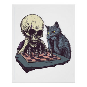 Poster Crâne contre Chat � Bataille d'échecs drôle