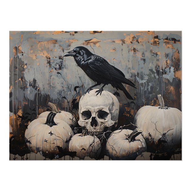 Poster Crâne corbeau et peinture Citrouille blanche (Devant)
