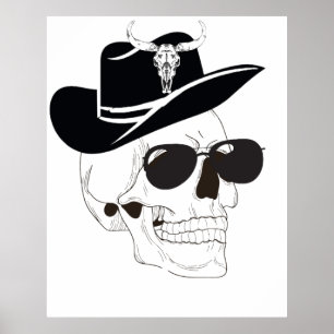 Poster Crâne cowboy avec lunettes de soleil et Casquette 
