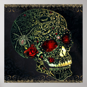 Poster Crâne de araignée orné de bijoux et roses filigran