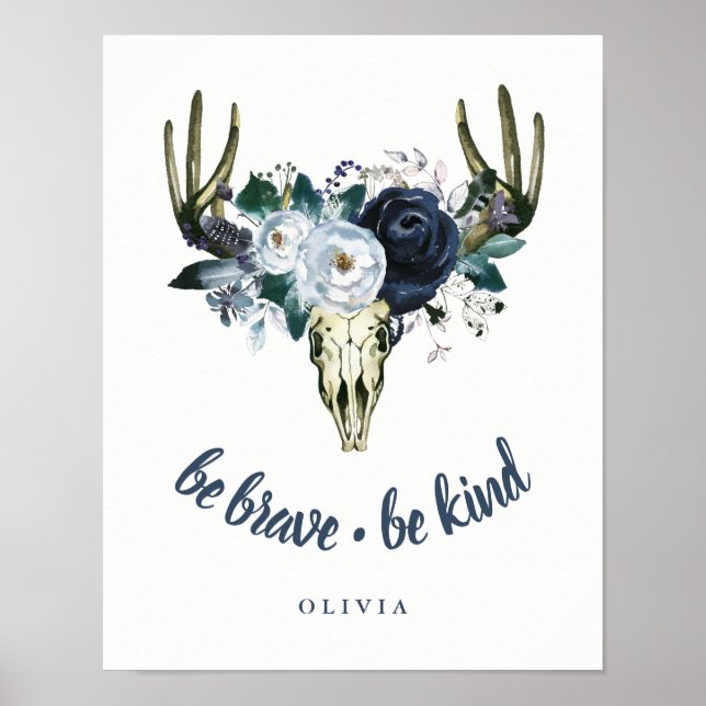 Poster Crâne de Boho et pivoines bleues | Sois Courageux, (Devant)