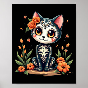 Poster Crâne de chat sucré coloré Halloween mexicain