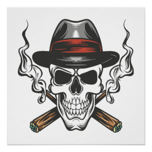 Poster Crâne de gangster avec chapeau fedora