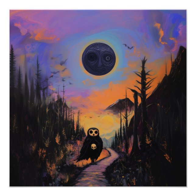 Poster Crâne de hibou Lune noire Witchy AI Art Semi-brill (Devant)