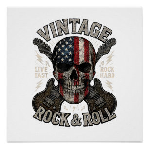 Poster Crâne de Rock Vintage Drapeau Américain Guitare Ro