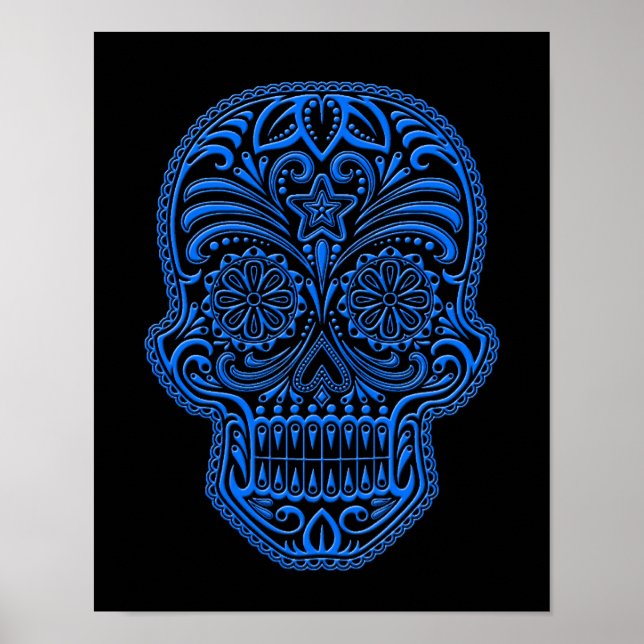 Poster Crâne de sucre bleu complexe sur noir (Devant)