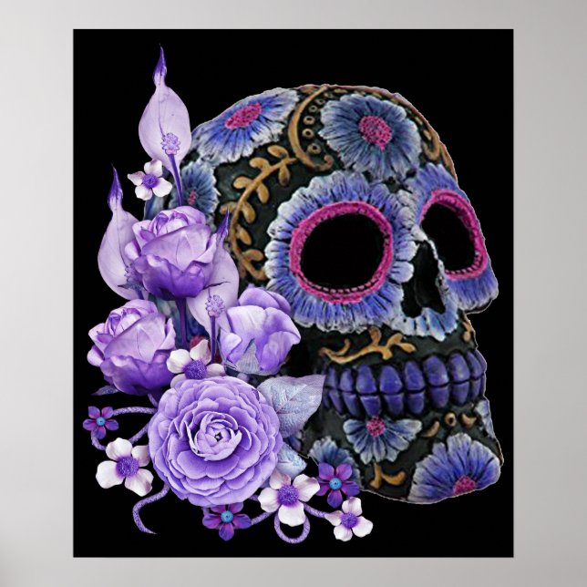Poster Crâne de sucre noir violet Floral Jour des morts (Devant)