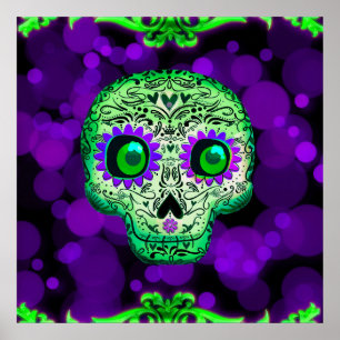 Poster Crâne de sucre vert et violet brillant Halloween