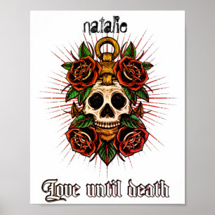 Poster Crâne de tatouage noir et blanc et graphismes rose