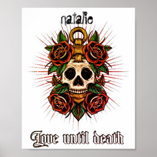 Poster Crâne de tatouage noir et blanc et graphismes rose