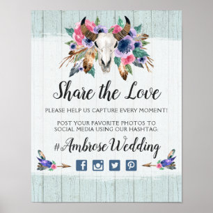 Poster Crâne de vache florale rustique photo de mariage b