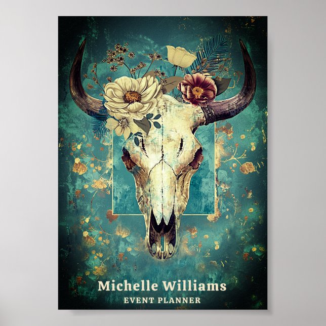 Poster Crâne de vache rustique Floral Boho Western Busine (Devant)
