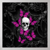 crâne d'Imaginaire et papillons roses chauds