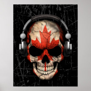 Poster Crâne Dj canadien rayé avec casque