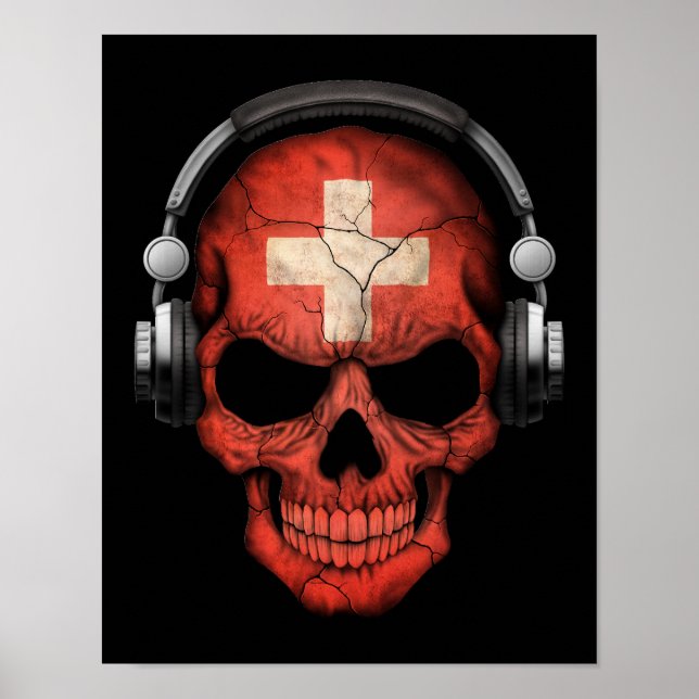 Poster Crâne Dj suisse personnalisable avec casque (Devant)