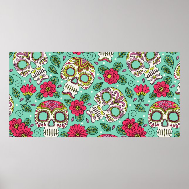 Poster Crâne et fleurs. Arrière - plan sans couture. da m (Devant)