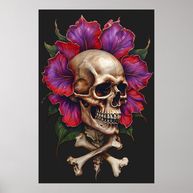 Poster Crâne et os croisés floraux - Botanique gothique (Devant)