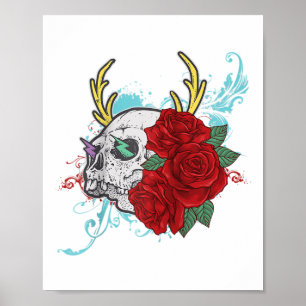 Poster Crâne Fleur Et Tatouage Rose Art Graphique Floral 